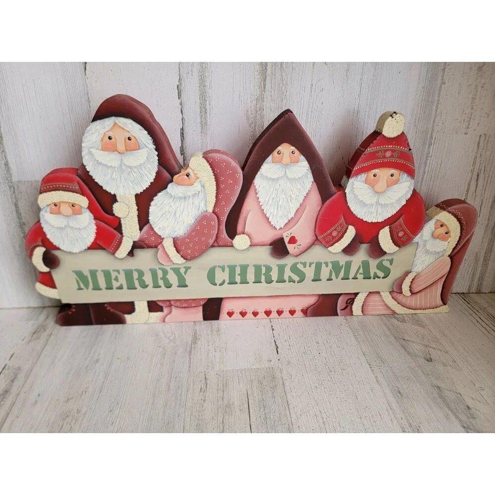 Vintage wooden Santa Claus Merry Xmas home‎ decor figure sign